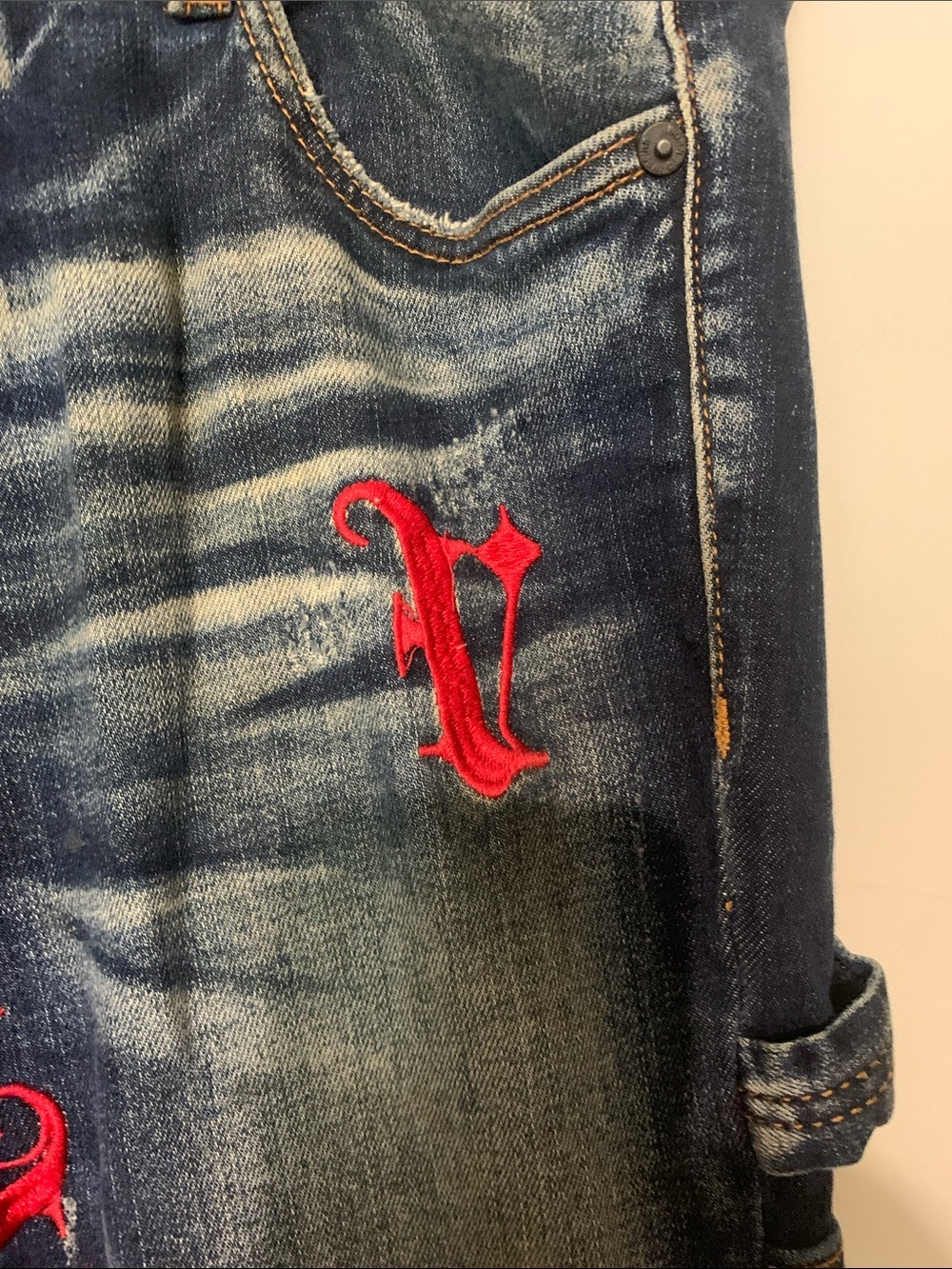 Dark Wash Skinny Jeans with Red Embroidered Trim - Picture 5 of 11